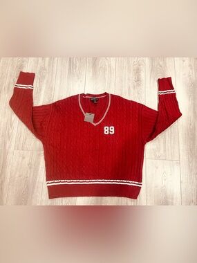 Arden B Red Cable-Knit V-Neck Sweater Vest with White 89 Patch